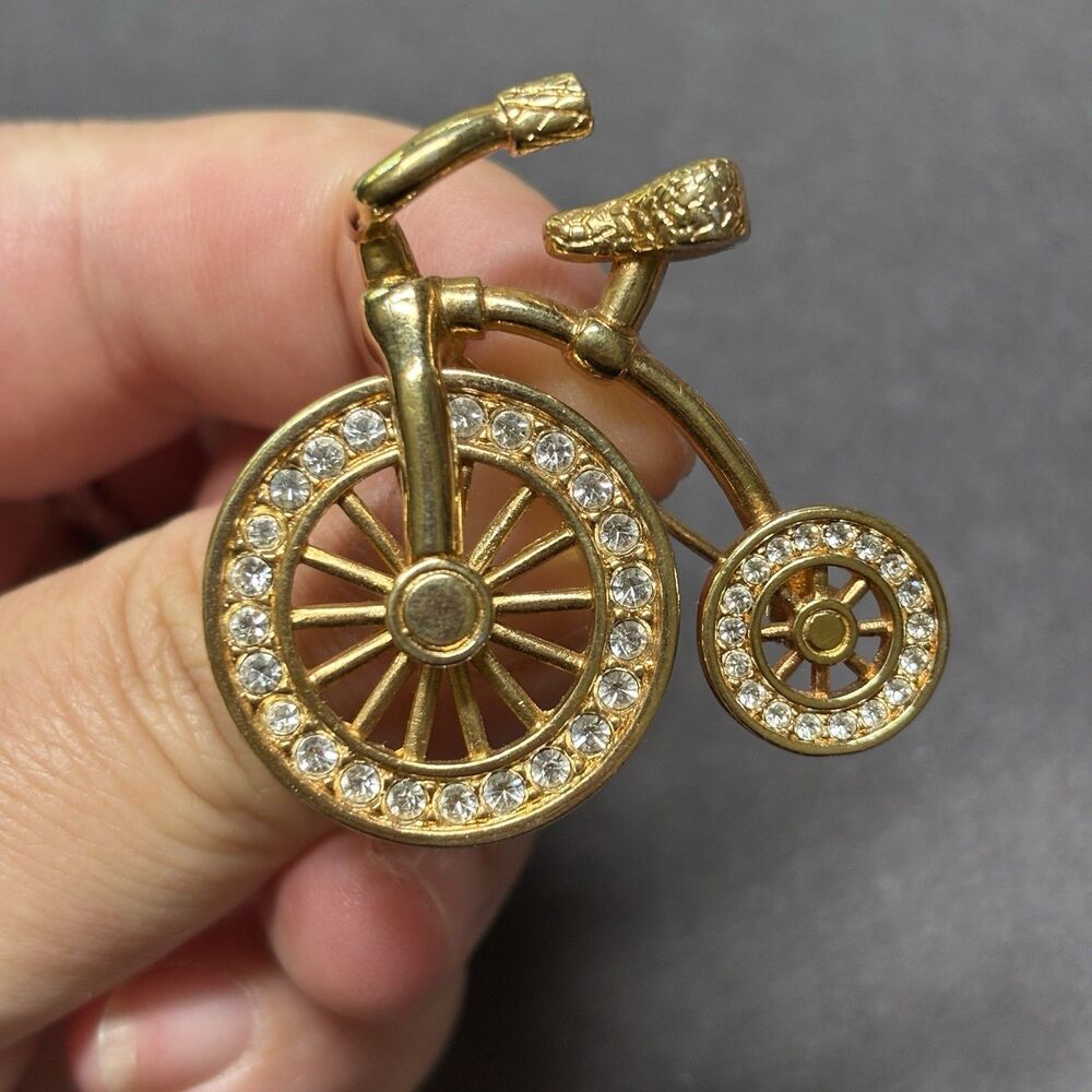 Rare Vintage Swarovski Swan Signed Crystal Bicycle Brooch Gold Tone Pin